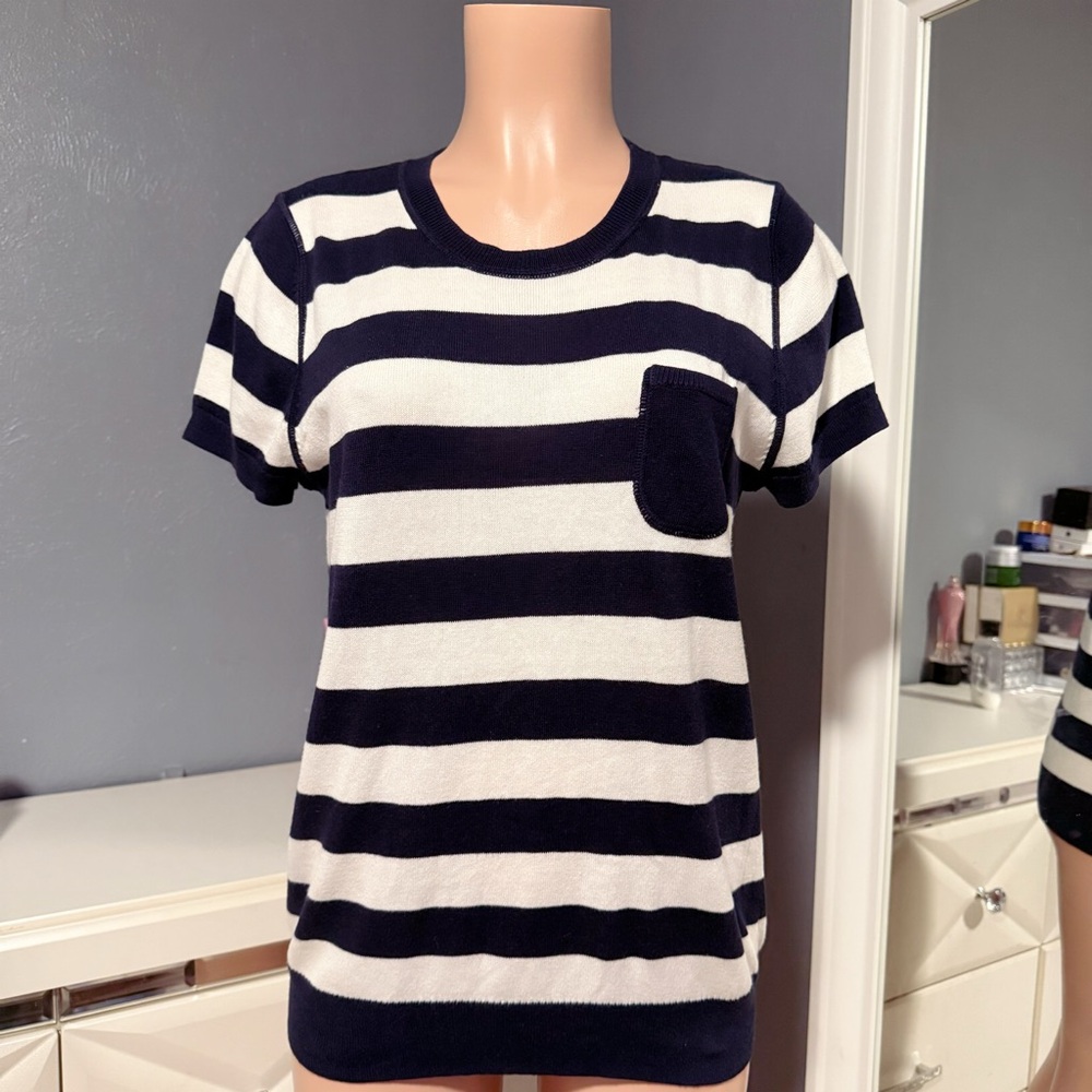 Old Navy Navy and White Striped Short Sleeve Pocket Tee